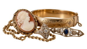 Antique victorian / art deco jewelry: filigree ring, cameo, brooch