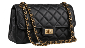 A black quilted leather flap bag with a gold chain strap
