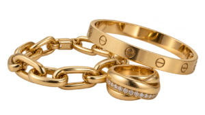 Modern luxury designer-style jewelry: gold love-style bangle, link bracelet, ring