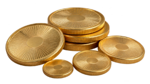 Gold bullion coins of different sizes, a few stacked and a few lying flat, without readable country names or text