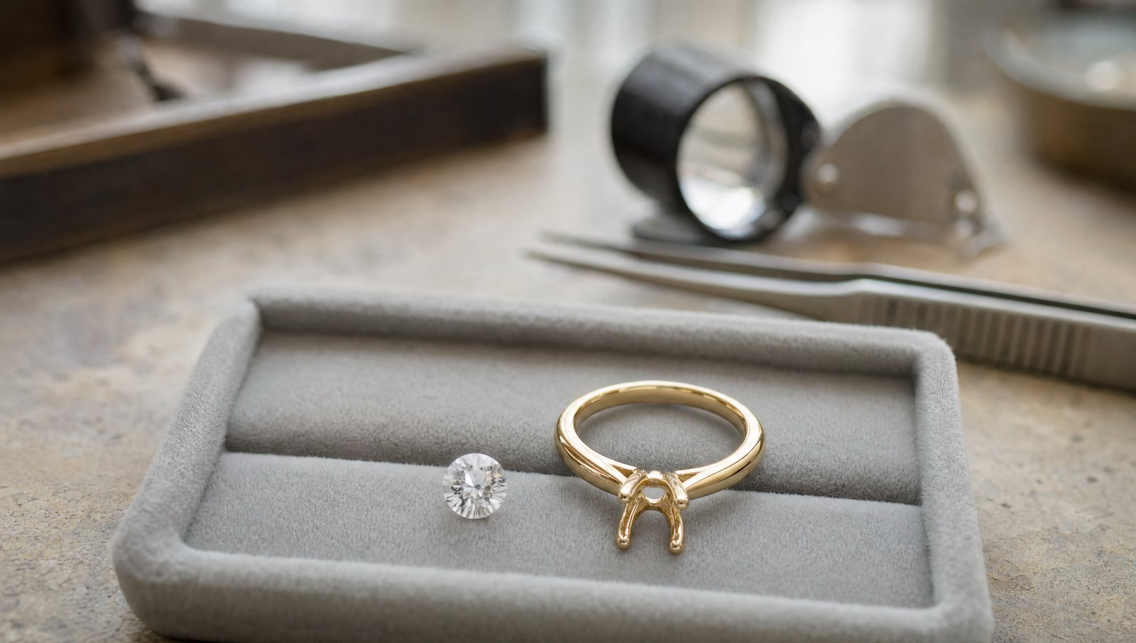 Empty yellow gold engagement ring setting next to a loose round diamond on a jeweler's tray
