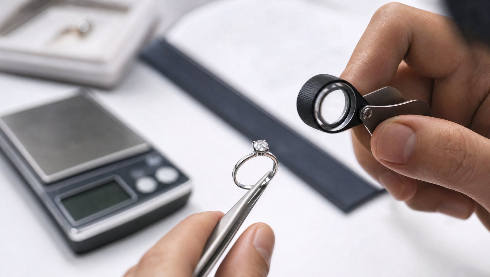Engagement ring examined with a jeweler's loupe next to a jewelry scale